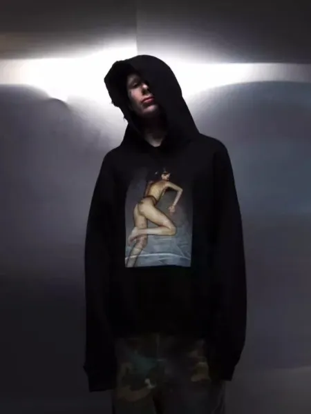 Design Photo Print Distressed Hoodie Black - 3
