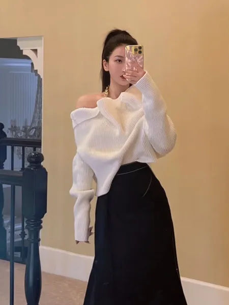 Design Off-Shoulder Ribbed Knit Sweater White + Black High-Waisted Skirt - 3