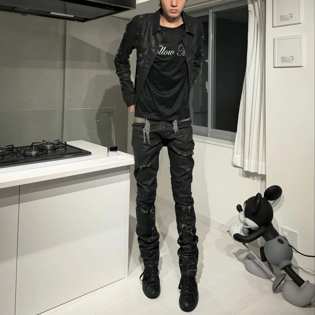 【 In stock 】 Early Dad D Family Style Black Glue Damaged Wax Pants Home04 Hand Brushed Wax Piercing Jeans