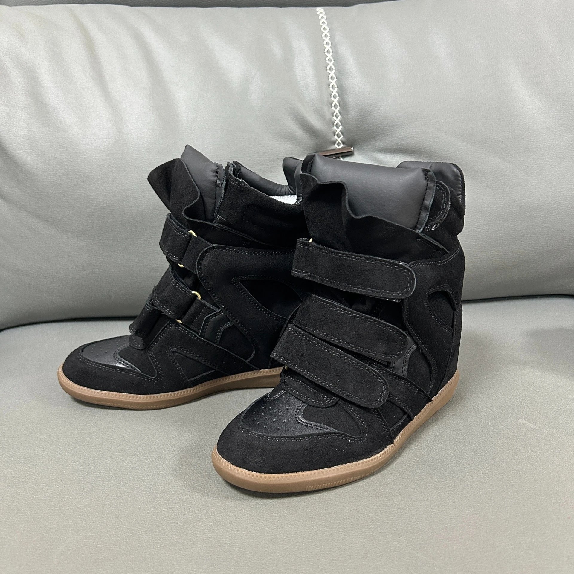 European and American style invisible height increasing women's shoes 8CM wedge heel Velcro sports shoes leather high tube color blocked casual shoes