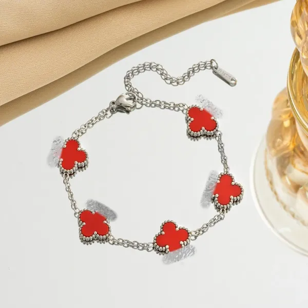 Design Clover Motif Enamel Bracelet Red Silver Jewelry - 1