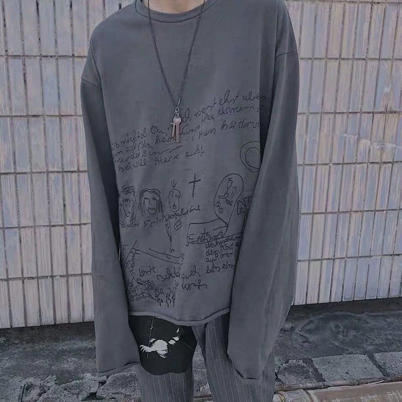 Design Sketch Print Long Sleeve T-Shirt Charcoal Gray - 2