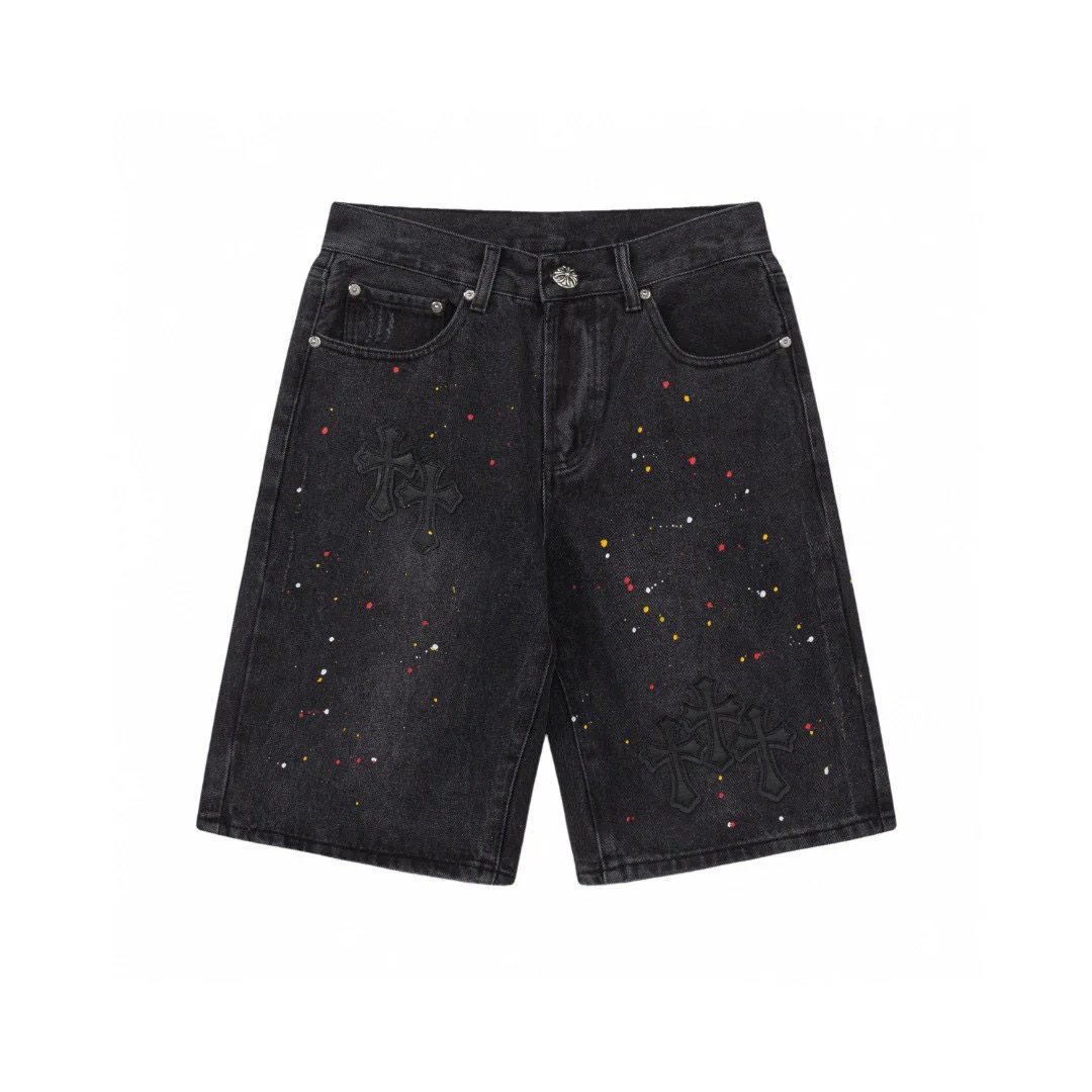Chrome Hearts Denim Shorts Cross Patches Paint Splatter Black