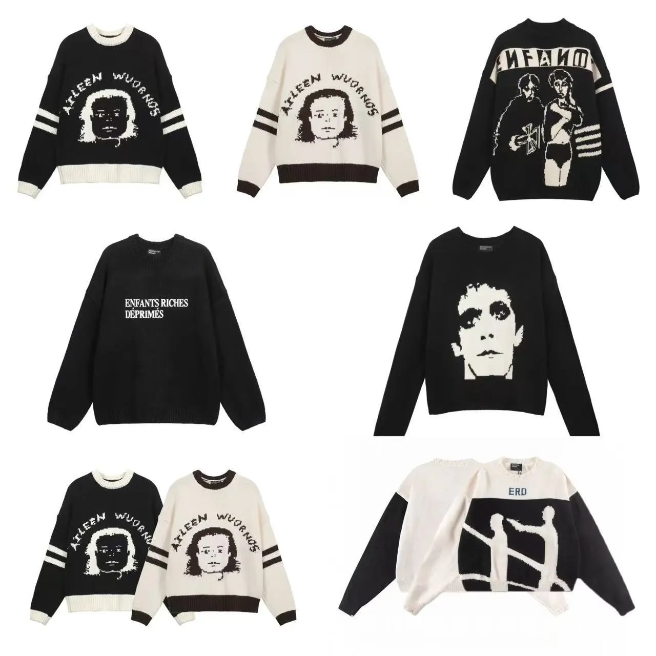 24SS Enfants Heavyweight Vintage Crew Neck Sweater with Melancholic Rich Kid Letter Portrait Slogan Jacquard - Tri