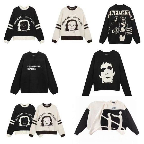 24SS Enfants Heavyweight Vintage Crew Neck Sweater with Melancholic Rich Kid Letter Portrait Slogan Jacquard - Tri
