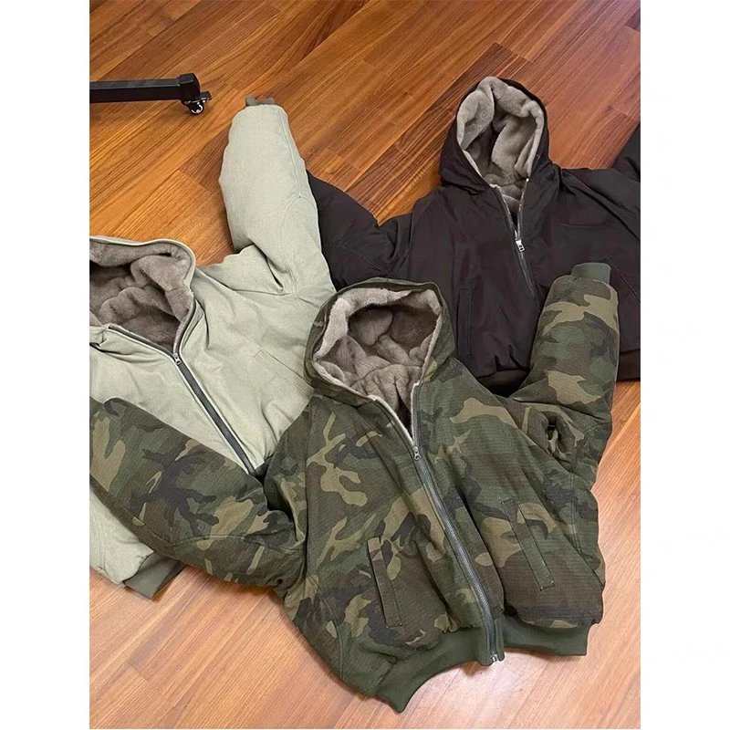 American Retro Camouflage Mink Winter Cotton Outwear Double-Sided Thickeneded Fleece-Lined Heavy Washed Cotton Outwear Couple Outwear for Men

