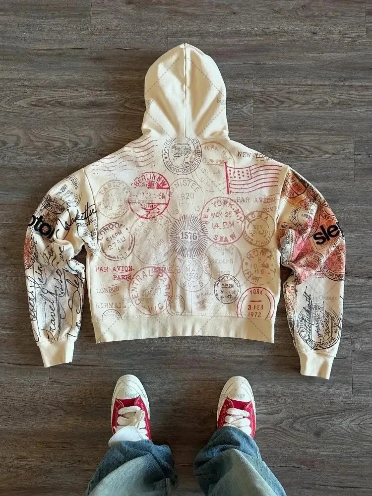Retro lettering print, zipper oversized sweatshirt