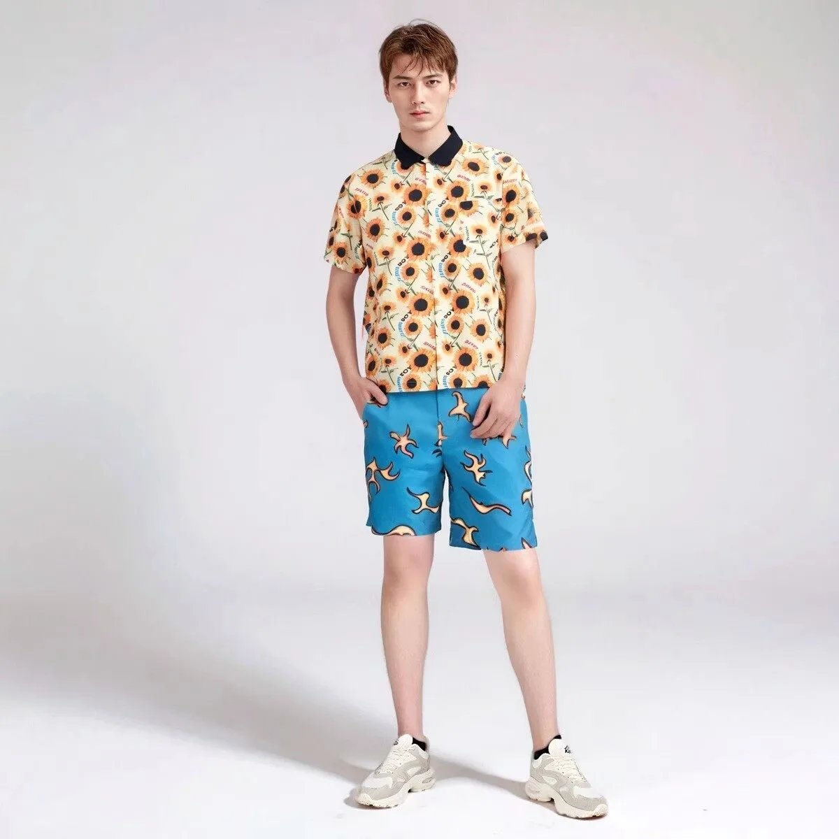 Design Plaid Puffer Jacket with Flame-Print Shorts Set Outerwear - 4