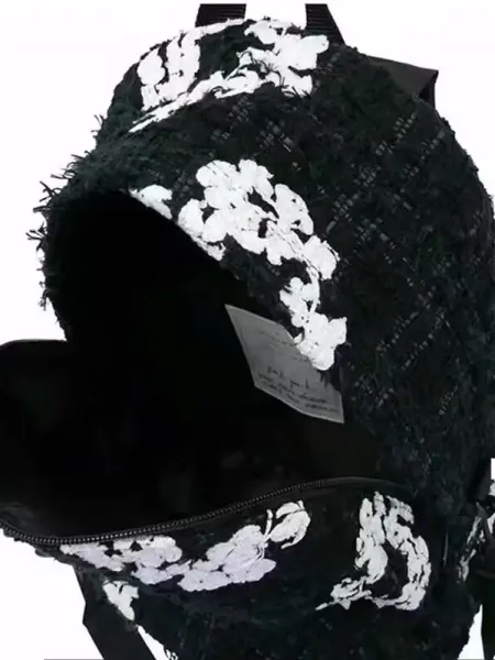 Chanel Tweed Floral Embroidered Backpack Black White - 3