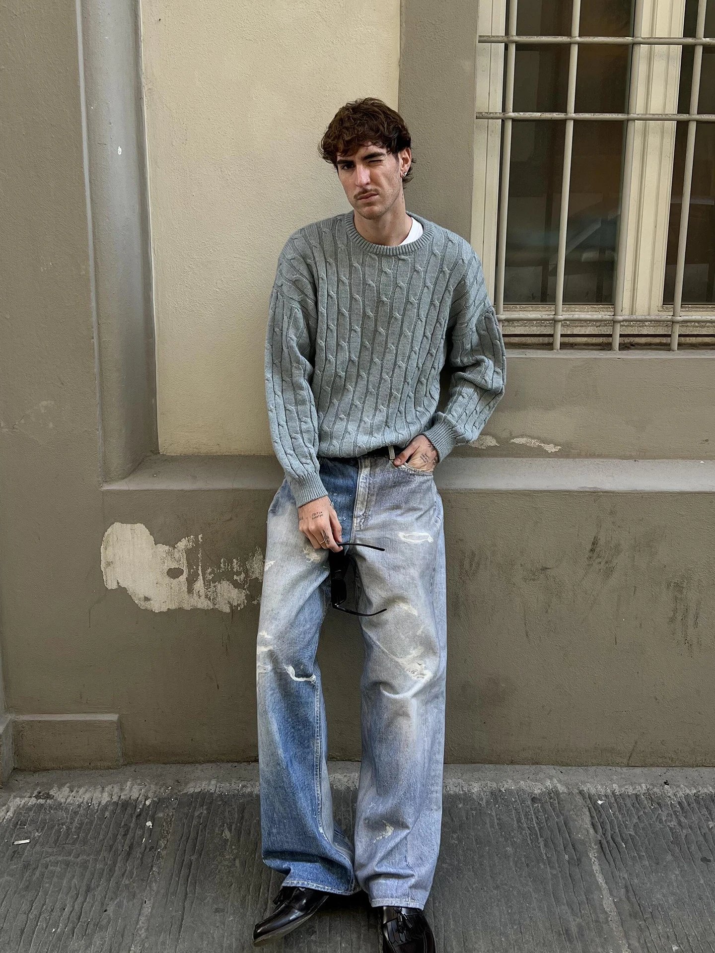 Our Legacy Style Light Blue Digital Print Washed Distressed Relaxed Straight Leg Jeans