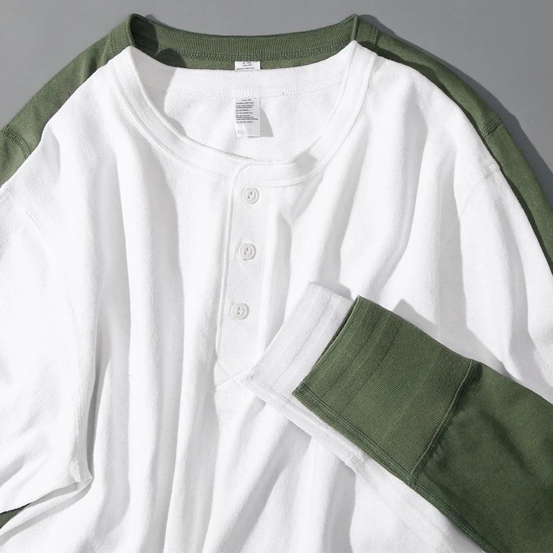 Heavyweight American Henley Neck Men's Long Sleeve T-Shirt 2023 New Pure Cotton Spring Autumn White Trendy Base Layer Top