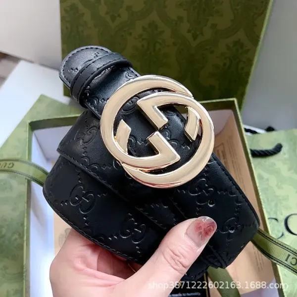Gucci Double G Interlocking Buckle Belt Dark Gray Monogram Canvas Belt - 14