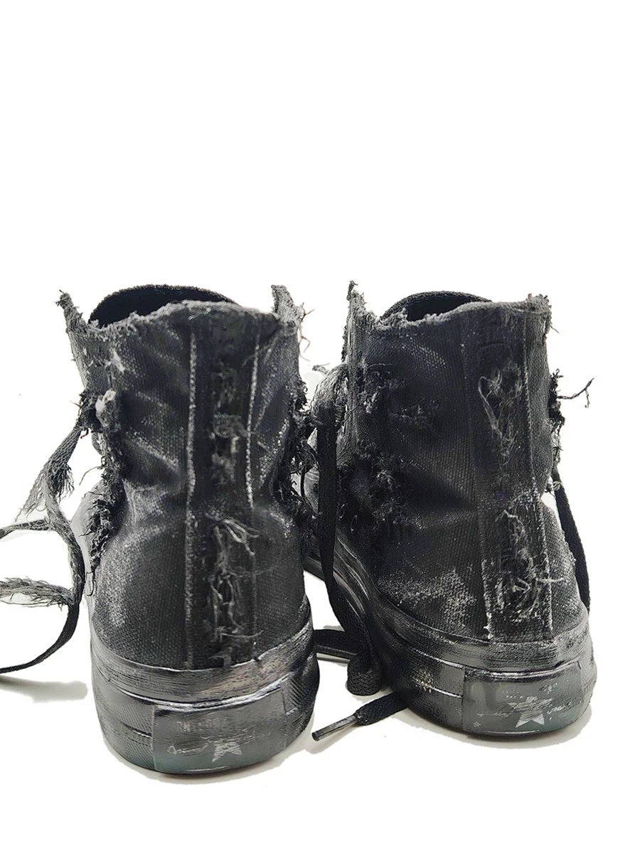 Handmade Distressed Black High-Top Canvas Sneakers with Eyelets & Ripped Battle-Worn Design, Unisex