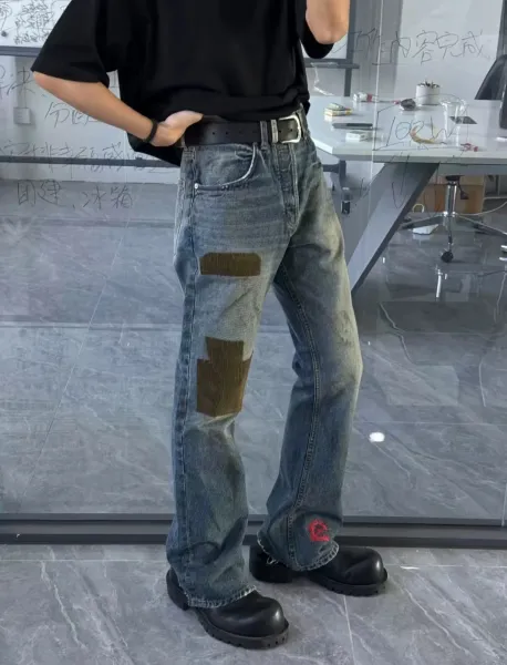 Design Patchwork Distressed Wide-Leg Jeans with Corduroy Patches and Embroidered Logo - 1