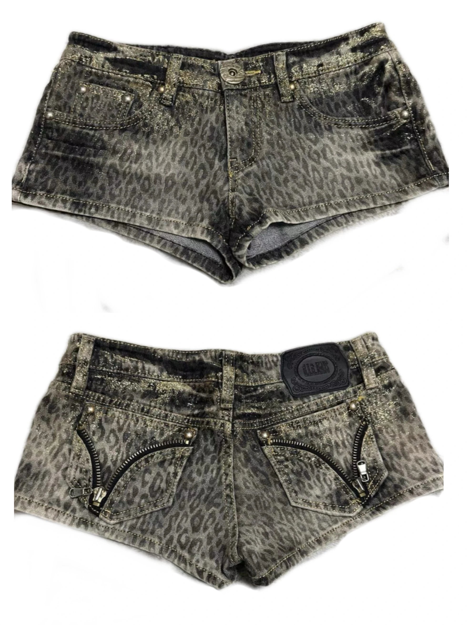 d.i.a Denim Shorts Leopard Print Zipper Black