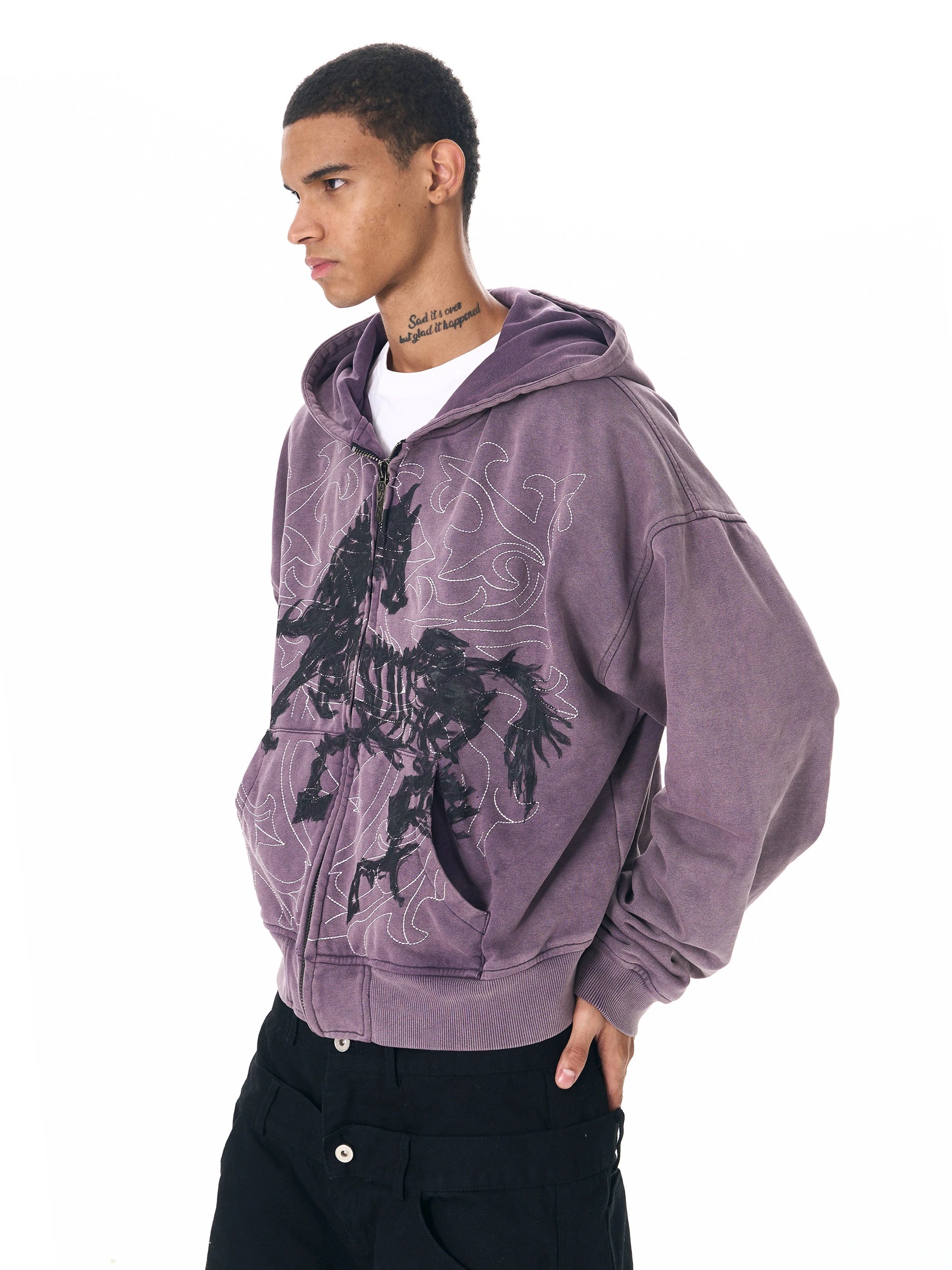 Design Horse Skeleton Embroidered Purple Zip-Up Hoodie - 3