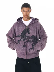 Design Horse Skeleton Embroidered Purple Zip-Up Hoodie