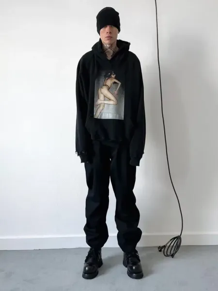 Design Photo Print Distressed Hoodie Black - 4