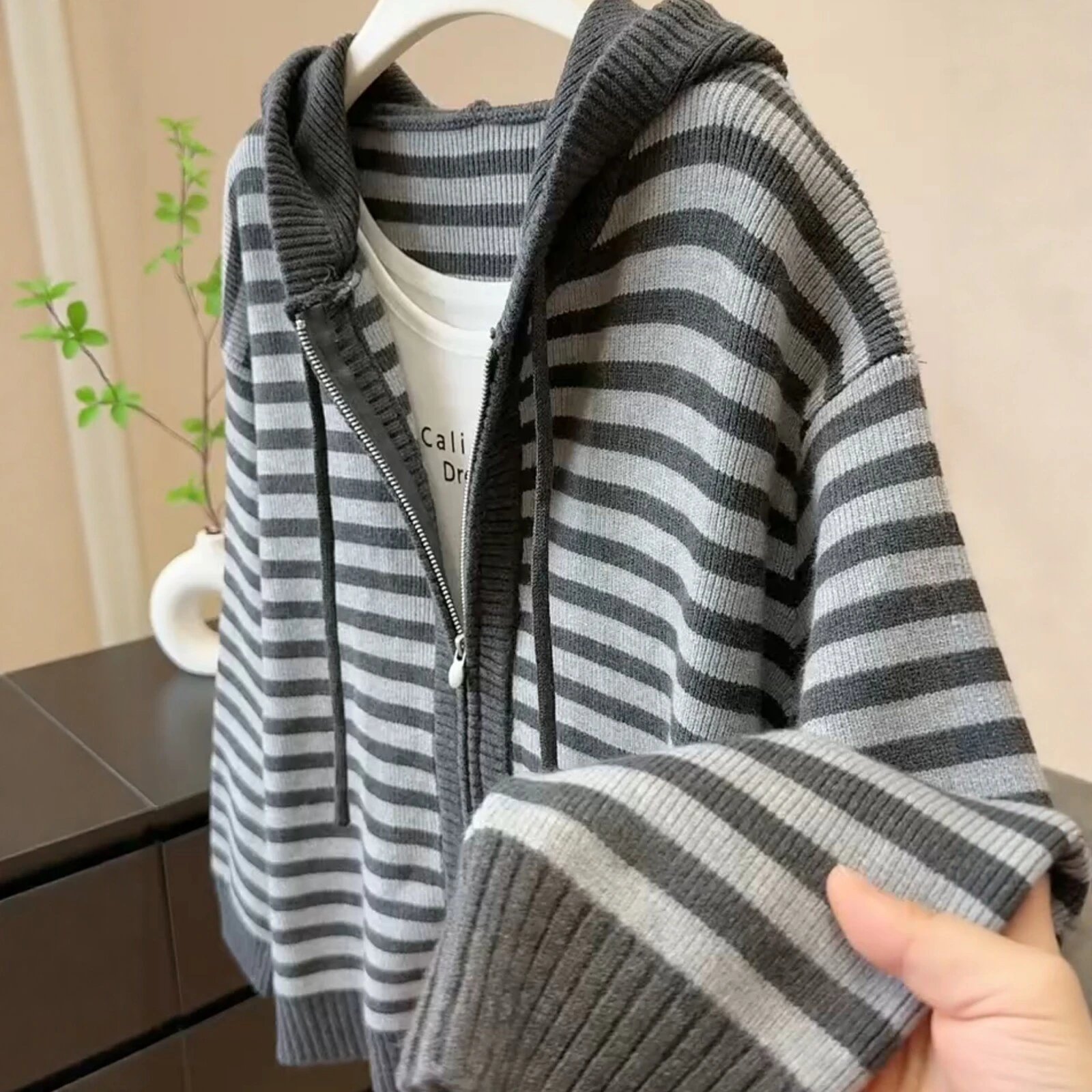Versatile Striped Hooded Knit Cardigan