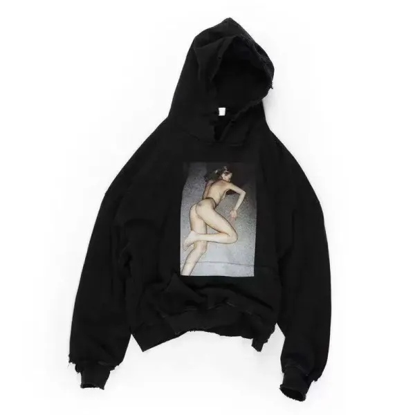 Design Photo Print Distressed Hoodie Black - 1