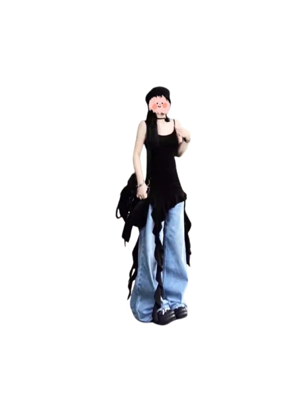 Design Ruffled Hem Black Tank Top with Asymmetrical Fringe Detail Vest Top - 4