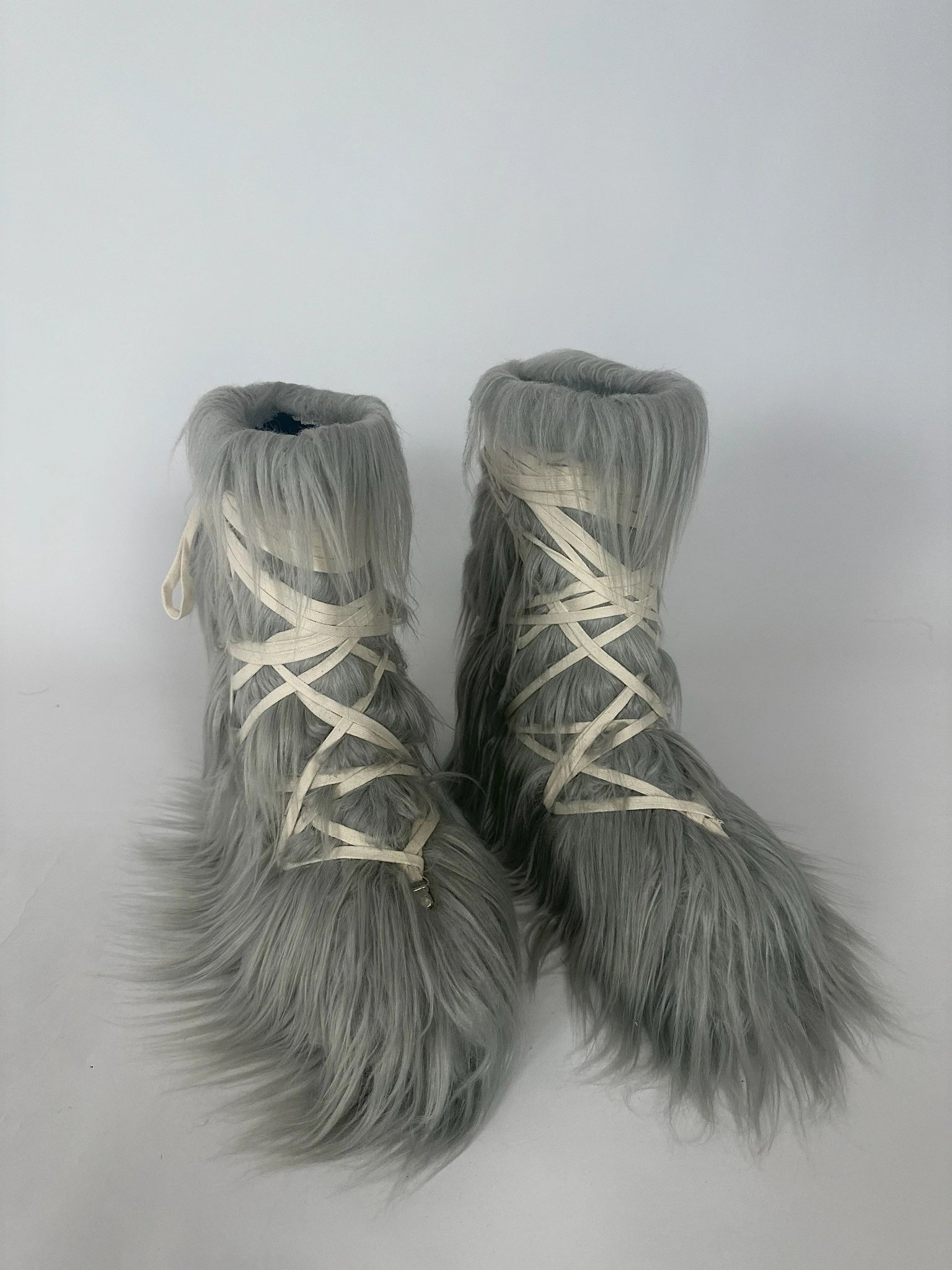 Design Furry Lace-Up Boots Gray Ankle Boots - 4