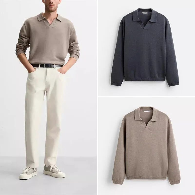 Cabinet 319! Men's 2024 Fall American Style Textured Knit Lapel Casual Long Sleeve Polo Shirt 9598365