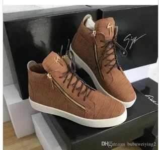 Design Giuseppe Zanotti High-Top Sneakers Tan Croc-Embossed Leather with Gold Zip Sneakers - 1