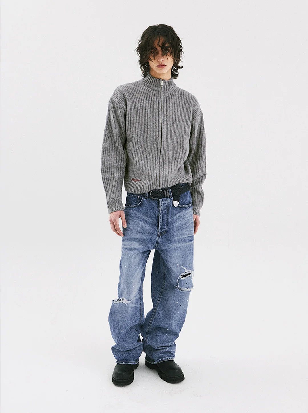 FarArchive 26SS Tailored Stand-Collar Wool Knit Zip Jacket Embroidered Cropped Old Money Style