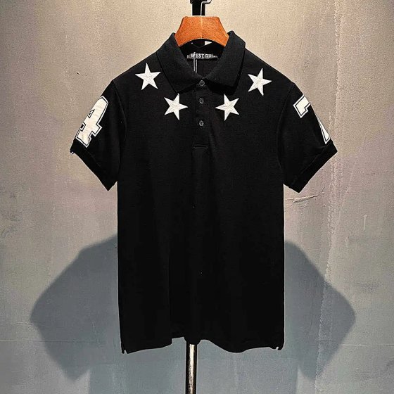 Trendy Men's Embroidered Five-Pointed Star Short Sleeve Polo Shirt with Number 47 Print, Casual Collar