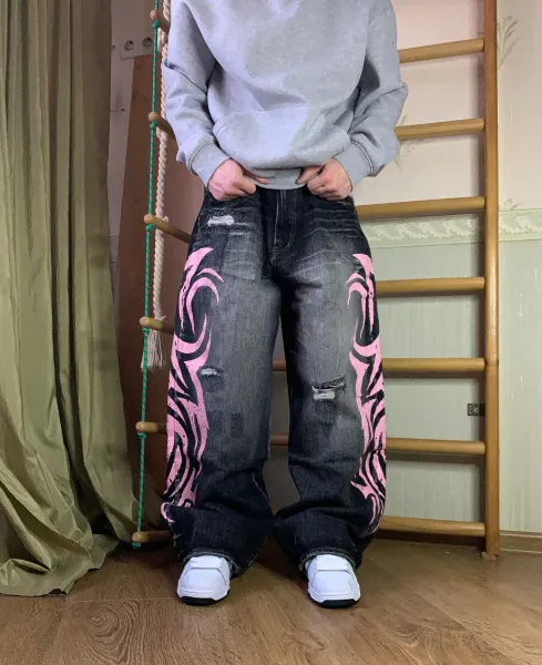 Design Custom Pink Tribal Print Baggy Jeans - 11
