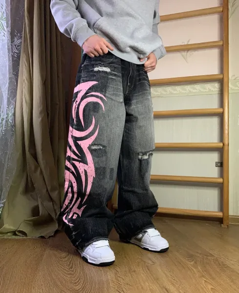 Design Custom Pink Tribal Print Baggy Jeans - 13