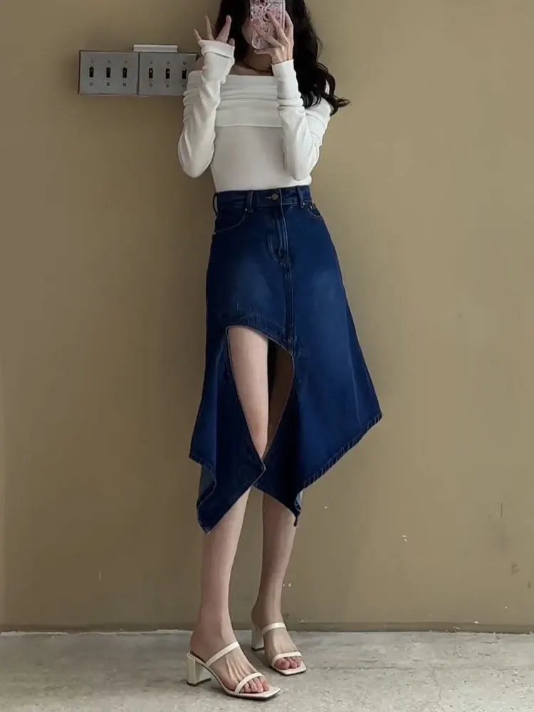 Design Asymmetrical Slit Denim Skirt Navy - 4