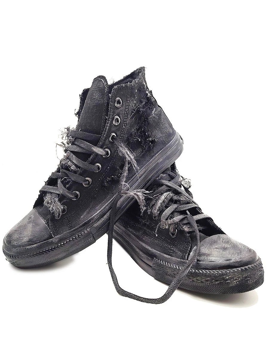 Handmade Distressed Black High-Top Canvas Sneakers with Eyelets & Ripped Battle-Worn Design, Unisex