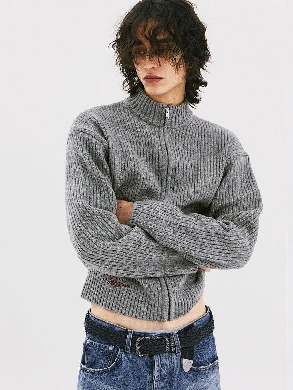 FarArchive 26SS Tailored Stand-Collar Wool Knit Zip Jacket Embroidered Cropped Old Money Style