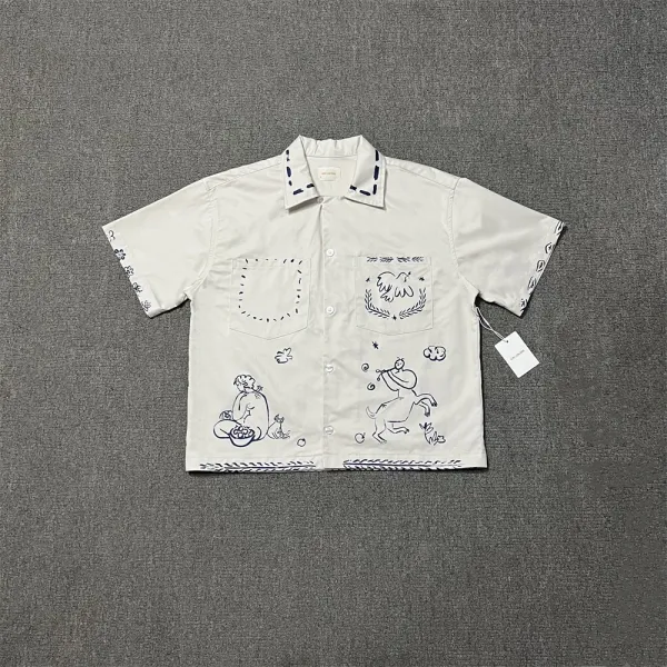 Design Short-Sleeve Button-Up Shirt with Hand-Drawn Illustration Print White - 1