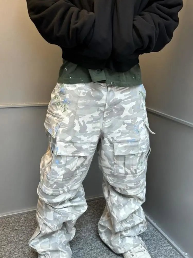 Design Cargo Pants with Paint Splatter Camo Print Gray Multicolor Pants - 5