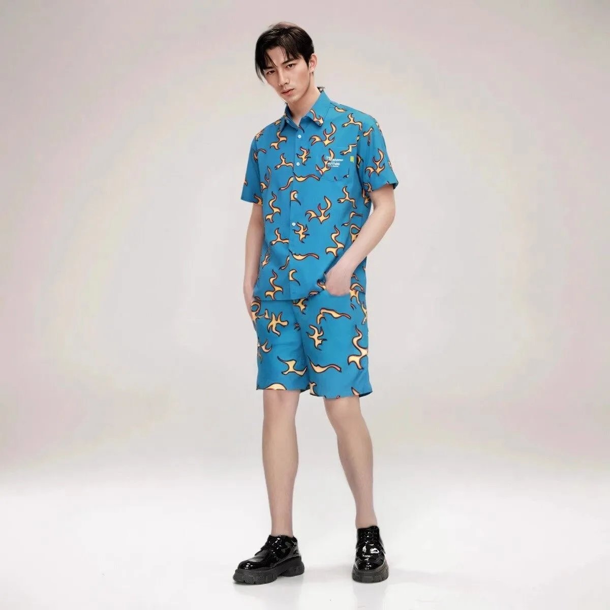 Design Plaid Puffer Jacket with Flame-Print Shorts Set Outerwear - 2
