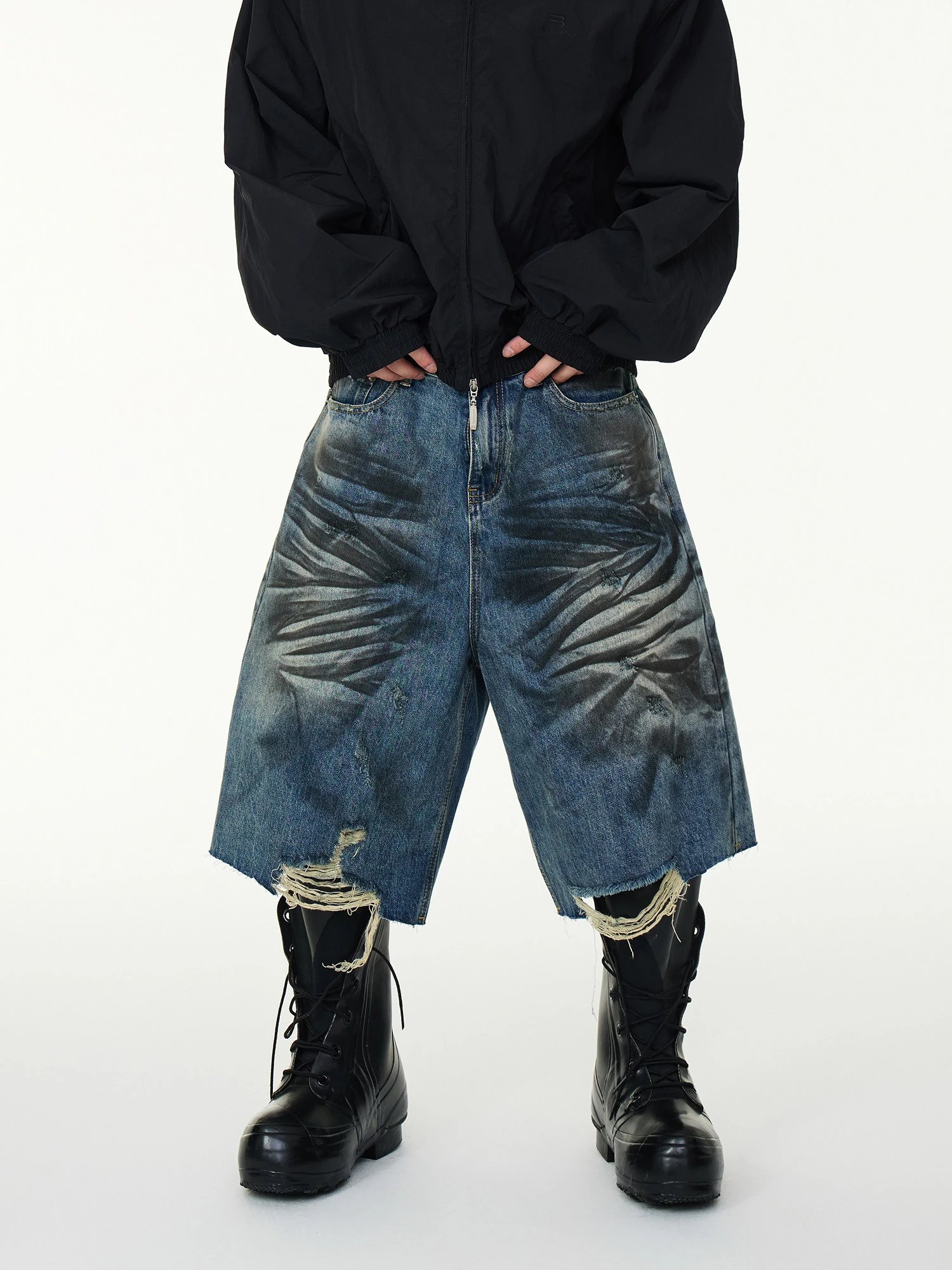 Design Distressed Wide-Leg Denim Shorts Blue - 4