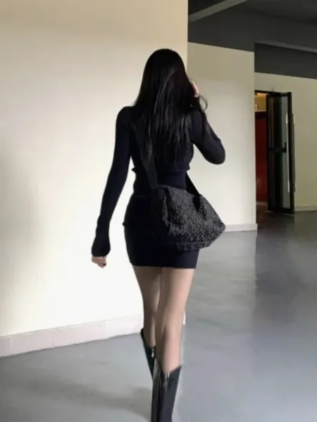 Design Ribbed Zip-Neck Mini Dress Black - 5