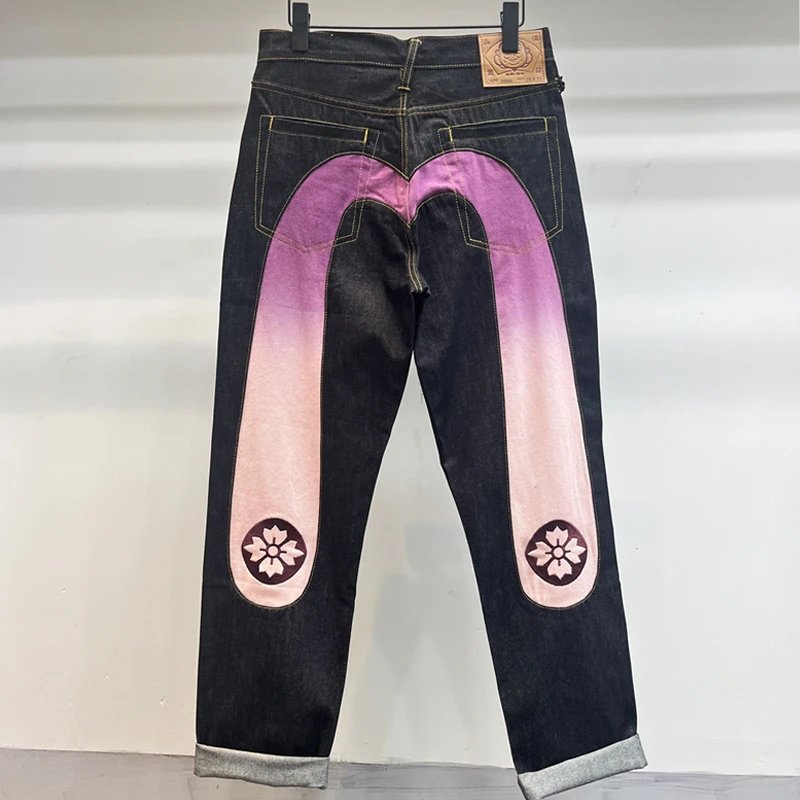 Large size washed original color jeans for men, big M print, big white cherry blossom loose straight tube embroidered jacquard slim fit pants
