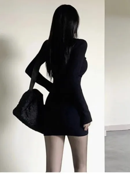 Design Ribbed Zip-Neck Mini Dress Black - 3