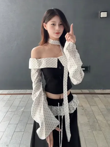 Design Polka Dot Off-Shoulder Ruffled Top with Corset Waist Black Pants Set - 2