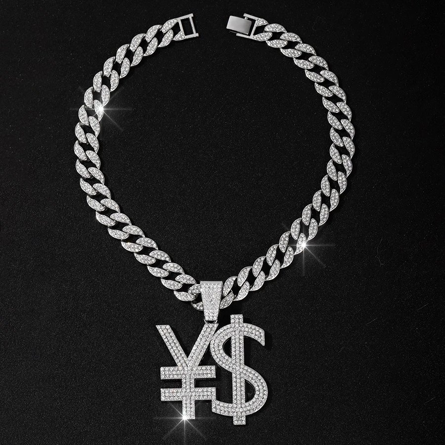 Design Currency Symbol Pendant Necklace in Silver with Iced-Out Cuban Chain Jewelry - 1