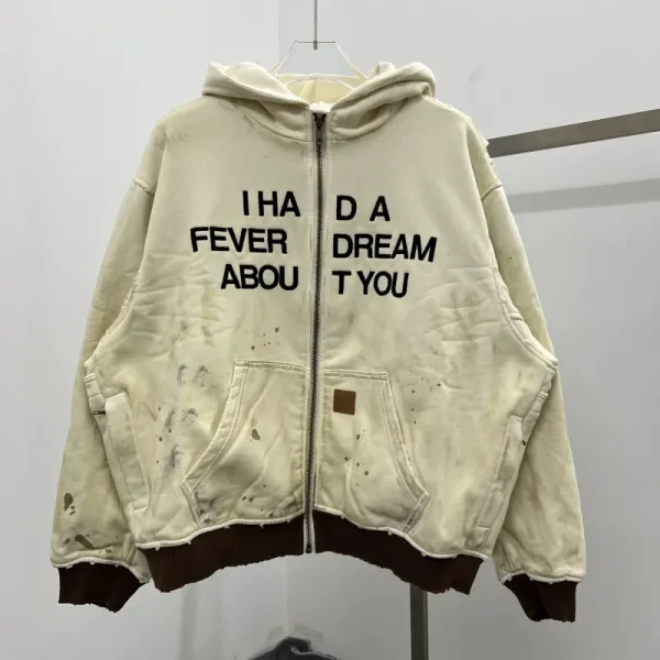 Design Distressed Oversized Zip-Up Hoodie with 'I Had A Fever About You' Print Beige - 1