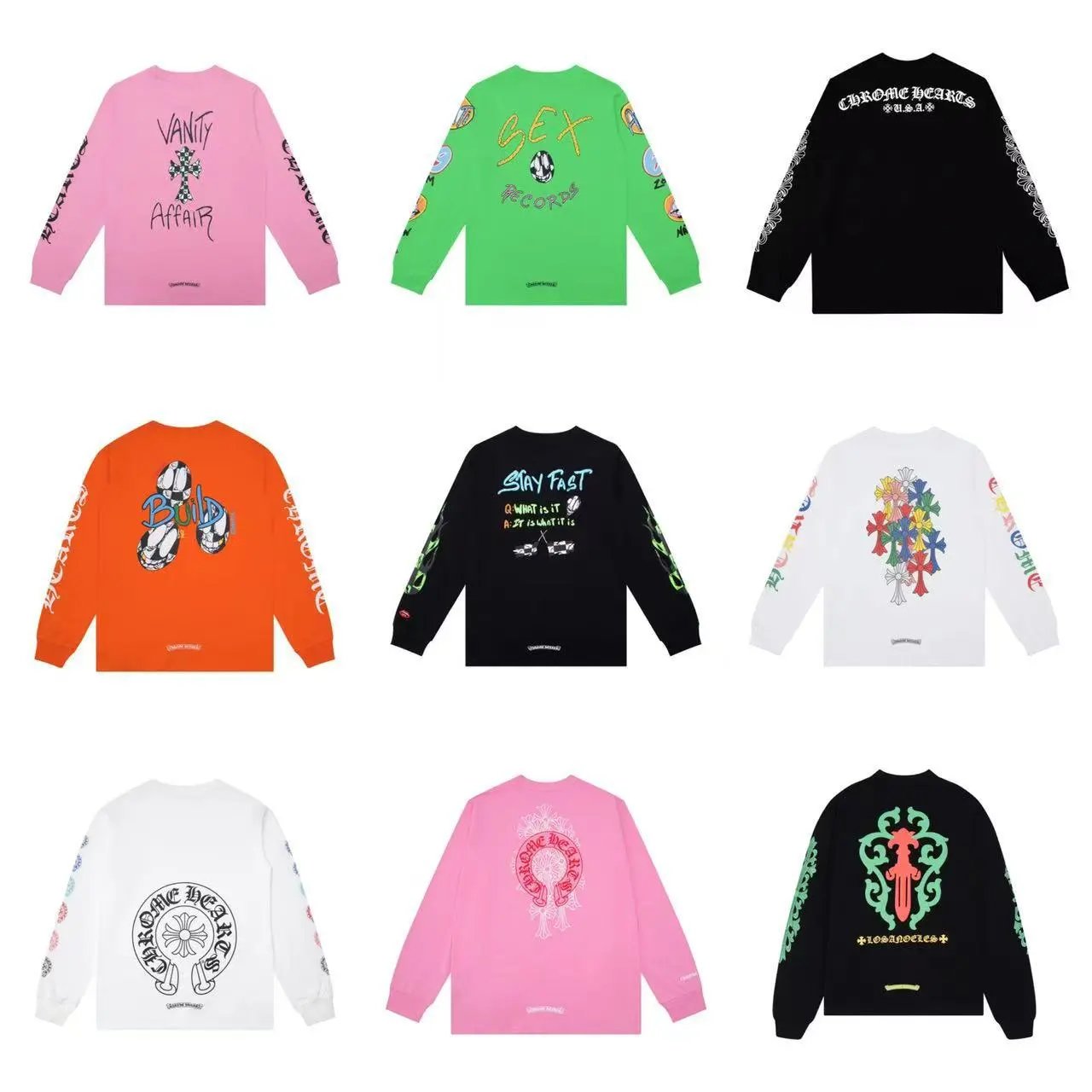 Chrome Hearts Unisex Double-Gauze Pure Cotton Round Neck Long Sleeve T-Shirt with Print