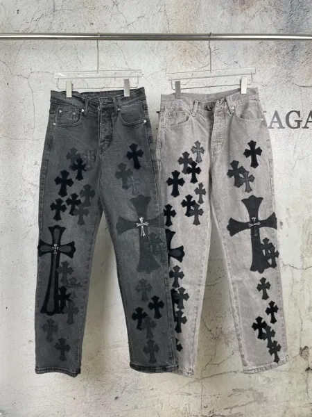 Chrome Hearts Cross-Embellished Distressed Gray Jeans - 3
