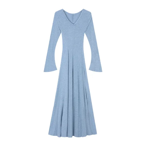 Design Ribbed V-Neck Bell Sleeve Maxi Dress Light Blue - 1
