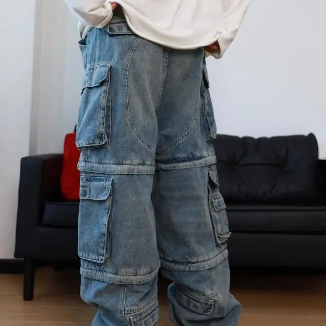 Design Cargo Denim Pants Gray Jeans - 2