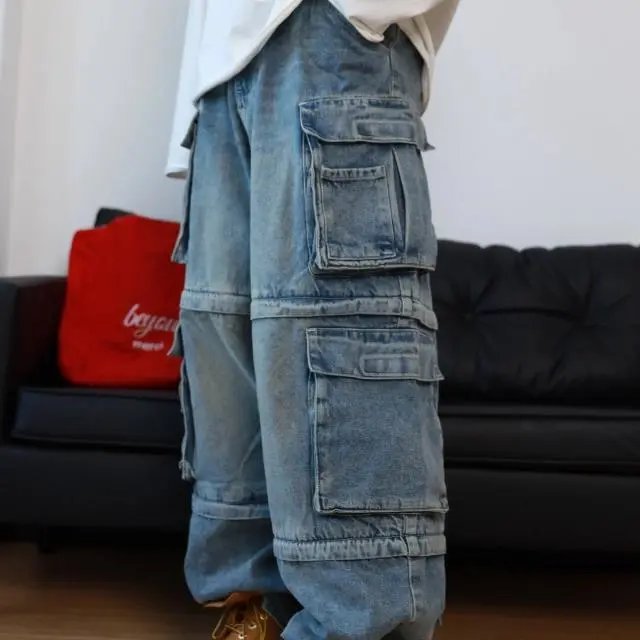 Design Cargo Denim Pants Gray Jeans - 3